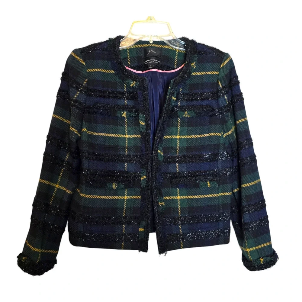 J. Crew Lady Jacket in Lurex Black Watch Plaid Size 2 AE993 xs green yellow blue